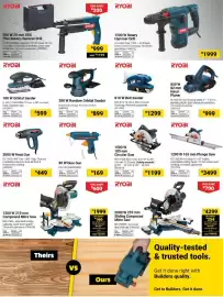 Builders Warehouse catalogue Page 37: RYOBI 810 W Belt Sander €1.299,00, RYOBI 1500 W 185 mm Circular Saw €1.199,00