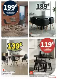 Catalogue Conforama page 15: Pack table + 4 fauteuils €189,00, Table haute + 4 tabourets €199,00