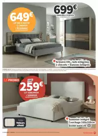 Catalogue Conforama page 17: Lit 160 x 200 cm + 2 chevets + éclairage €649,00, Promo - lit 600x200cm + sommier €259,00