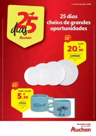 Folheto Auchan Página 1: Caneca Stitch €5,99, Serviço de Mesa Plumi Luminarc €20,99