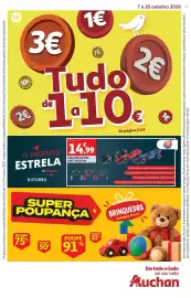 Folheto Auchan Página 1: IA 10€ 3€ 1€ 7€ 7 a 20 outubro 2026 2€ Tudo •1.10c。 2€ de O PRODUTO ESTRELA OUTUBRO By Auchan