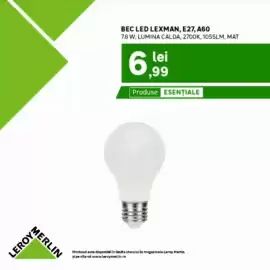 Catalog Leroy Merlin Pagină 5: MERLIN LEROY BEC LED LEXMAN, E27, A60 7.8 W, LUMINA CALDA, 2700K, 1055LM, MAT lei 6,99