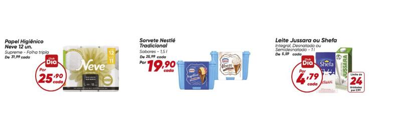 Tabloide Dia Página 2: Jussara - leite €5,59, Neve - papel higiênico €25,90