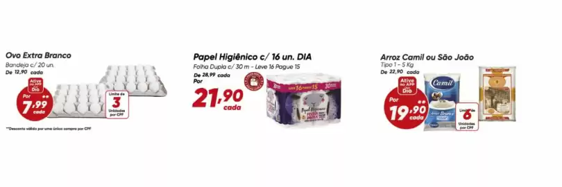 Tabloide Dia Página 1: Camil - arroz €19,90, Extra - ovo extra branco €7,99