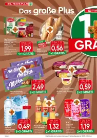 Eurospar Flugblatt Seite 2: Milka Schokolade €2,49, Ehrmann Grand Dessert €0,59