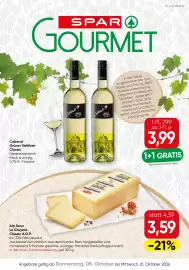SPAR Gourmet Flugblatt Seite 1: Alp Senn Le Gruyere Classic €3,59, Weingut Cobenzl Grüner Veltliner €3,99