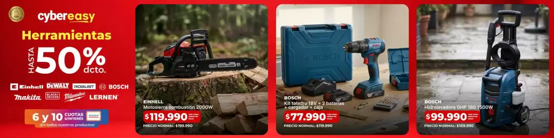 Catálogo Easy Página 3: Bosch - hidrolavadora ghp €99.990,00, Bosch - kit taladro + 2 baterías + cargador + caja €77.990,00
