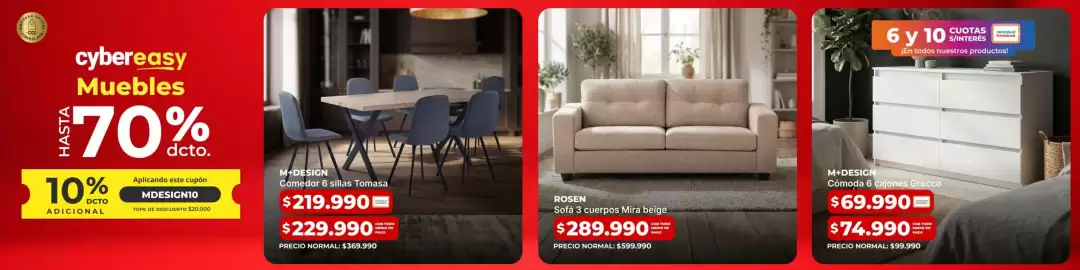 Catálogo Easy Página 4: Comedor 6 sillas tomasa €219.990,00, Comoda 6 cajones grecco €79.990,00