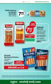 Żabka gazetka Strona 13: Kiełbaski Olewnik bekonowo-serowe €7,50, Chleb tostowy ze skyrem Dan Cake €7,99