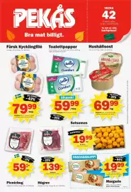 Pekås reklamblad vecka 42 Sida 1: Kronfågel kycklingbröstfilé €79,99, Lotus toalettppaper €59,99