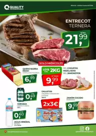 Folleto Quality Supermercados Página 1: Mahou - cerveza clásica €0,49, Bezoya - agua mineral €0,60