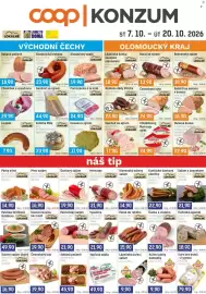 Konzum leták Strana 1: Beskydské uzeniny Dušená šunka €22,90, Klobása dědy Pilíčka €23,90
