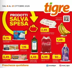Volantino Tigre Pagina 1: Olio Extra Vergine di Oliva Fruttato De Cecco €4,49, Coca Cola Original €4,99