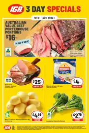 IGA catalogue Page 1: Roast Beef Sliced or Shaved €25,00, West Australian Washed Potatoes €4,99