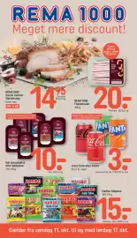 REMA 1000 tilbudsavis uge 42 Side 1: Gøl spegepølse eller kødpølse €10,00, Coca-Cola eller Fanta €3,00