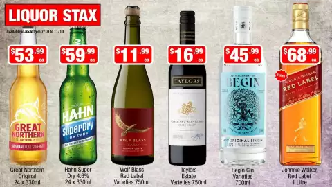 Liquor Stax catalogue Page 1: Wolf Blass Red Label Varieties €11,99, Taylors Estate Varieties €16,99