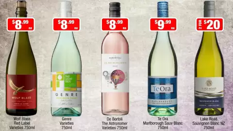 Liquor Stax catalogue Page 4: Te Ora Marlborough Sauv Blanc €9,99, De Bortoli The Astronomer Varieties €8,99