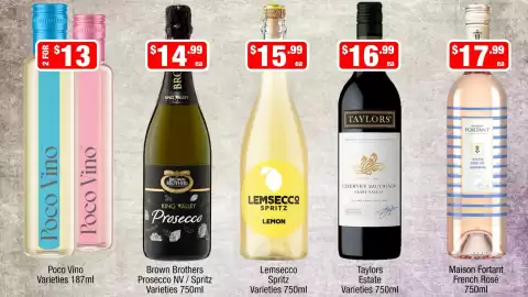 Liquor Stax catalogue Page 6: Brown Brothers Prosecco NV / Spritz Varieties €14,99, Lemsecco Spritz Varieties €15,99