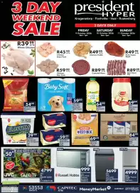 President Hyper catalogue Page 1: Whole Chicken €39,99, Russell Hobbs 20Lt Mirror Finish Electronic Microwave €999,00