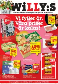 Willys reklamblad vecka 42 Sida 1: Findus Fiskpinnar €14,90, Tulip skivat bacon €39,90