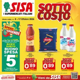 Volantino Sisa Pagina 1: "I SISA SOTTO COSTO I SUPERMERCATI ITALIANI Offerte valide dall' 8 al 17 Ottobre 2026 SPENDI
