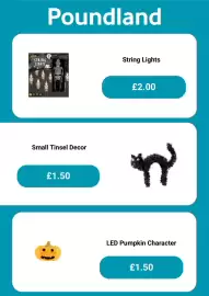Poundland leaflet Page 2: Spooked string lights €2,00, Led Pumpkin Character €1,50