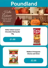 Poundland leaflet Page 4: KitKat salted caramel chocolate sharing bar €1,00, Walkers portuguese chorizo and onion €2,00