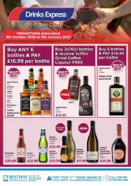 Bestway leaflet Page 1: Drinks Express On-Trade Club PROMOTIONS AVAILABLE 9th October 2026 to 5th January 2027 ock fobe Buy