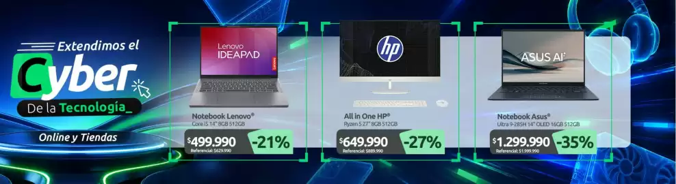 Catálogo PC Factory Página 2: Lenovo - notebook €499.990,00, Hp - all in one €649.990,00