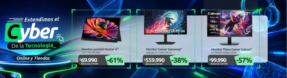Catálogo PC Factory Página 3: Monitor plano gamer caixun €99.990,00, Monitor portátil master g €69.990,00