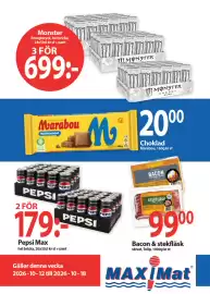 MaxiMat Svinesund kundeavis uke 42 Side 1: Pepsi Max €179,00, Tulip bacon & stekfläsk skivat €99,00