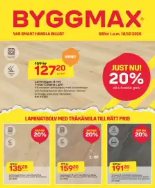 Byggmax reklamblad vecka 42 Sida 1: Laminatgolv 8 mm 1-stav Madrid Oak €135,20, Laminatgolv 8 mm 1-stav Cubana Light €127,20