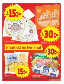ICA Nära reklamblad vecka 42 Sida 9: Ica riven ost gratäng €15,00, Ica bruna bönor, risgröt, ärter med fläsk €30,00