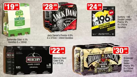 Liquor Stax catalogue week 41 Page 12: Jack Daniel's Premix €28,99, Mercury Hard Cider €22,99