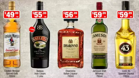 Liquor Stax catalogue week 41 Page 9: Captain Morgan Spiced Gold €49,99, Jameson Irish Whiskey €59,99