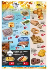 Multi Markt Prospekt woche 42 Seite 5: Riesencurrywurst mit Pommes Frites Portion €8,00, Pizza Burger €1,35