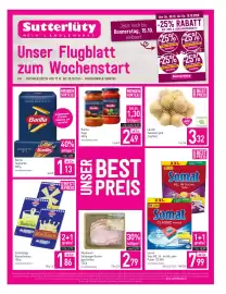 Sutterlüty Flugblatt Seite 1: Ländle Zwiebeln gelb €3,32, Barilla Teigwaren €1,89