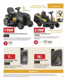 Catalogue Bricomarché page 15: Dim - tondeuse autoportee thermique 98 sl €1.899,00, Rider à batterie swift 372e €3.299,00
