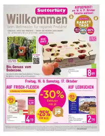 Sutterlüty Flugblatt woche 42 Seite 1: Hofstädter Schweine Schnitzel €4,19, Sutterlüty's Bio Bodensee Äpfel €8,99