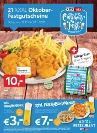 XXXLutz Prospekt Seite 1: Stiegl Bier €3,00, XXXLutz Schnitzel oder Penne Blattspinat & eine halbe Bier €7,00