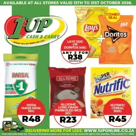 1UP catalogue Page 3: Allsome long grain parboiled rice €23,00, Iwisa maize meal €48,00