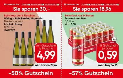 Spar Flugblatt Seite 11: Schwechater Bier €0,59, Weingut Rabl Riesling Urgestein €4,99