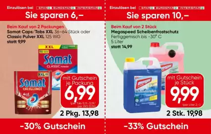Spar Flugblatt Seite 13: Somat Caps/Tabs XXL €6,99, Megaspeed Scheibenfrostschutz €9,99