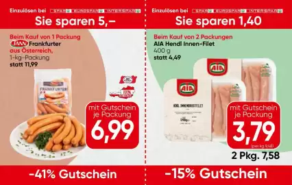Spar Flugblatt Seite 3: TANN Frankfurter €6,99, AIA Hendl Innen-Filet €3,79