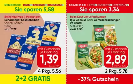 Spar Flugblatt Seite 7: Schärdinger Käsescheiben €1,39, Iglo Gemüse oder Gemüsemischungen €2,89