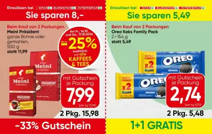 Spar Flugblatt Seite 9: Oreo Keks Family Pack €2,74, Meinl Präsident €7,99