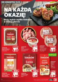 Kaufland gazetka tydzień 42 Strona 36: Kiełbaski śląskie bez osłonki Sokołów €3,99, Pasztet Dzidunia Sokołów €4,49