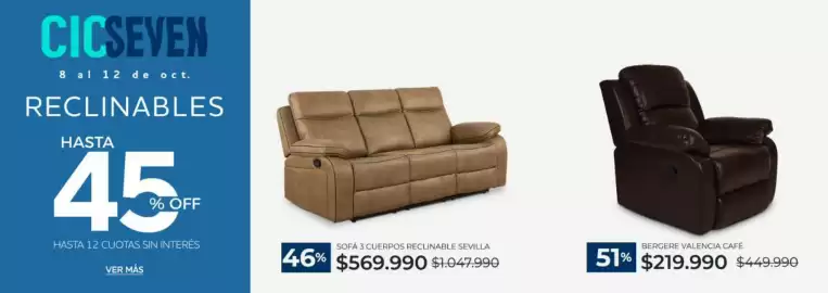 Catálogo CIC Página 4: Bergere valencia café €219.990,00, Sofa 3 cuerpos reclinable sevilla €569.990,00