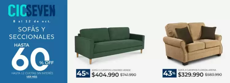 Catálogo CIC Página 5: Sofa 2 cuerpos florida arena €329.990,00, Sofa 3 cuerpos londres verde €404.990,00