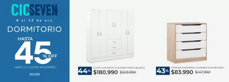 Catálogo CIC Página 6: Closet 6 puertas 3 cajones €180.990,00, Comoda cajonera 4 cajones blanco €83.990,00